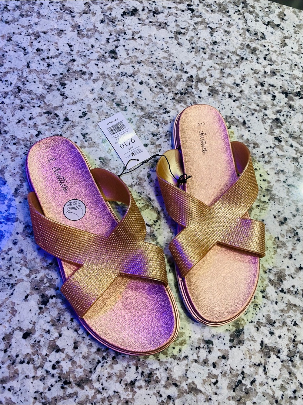 chatties Rose Gold Metallic Crisscross Slide Sandals